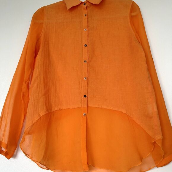 GUC Bailey 44 Cotton Silk High-Low Blouse Orange Sz S Sheer Sleeve Collared Top - Picture 14 of 15